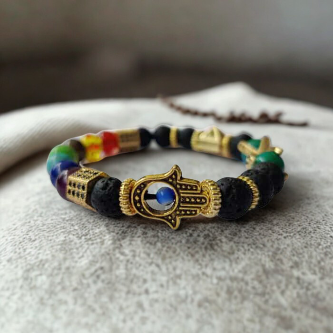 Lava 7 Chakra Evil Eye Hamsa Bracelet for Protection & Balance