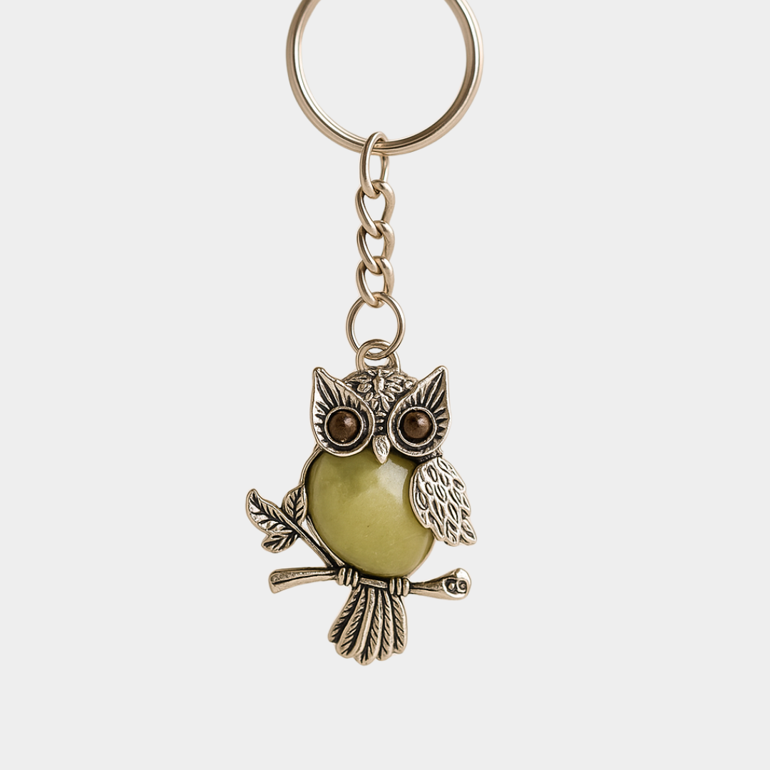 Owl Keychain with Green Onyx For Protection, Wisdom & Healing Energy
