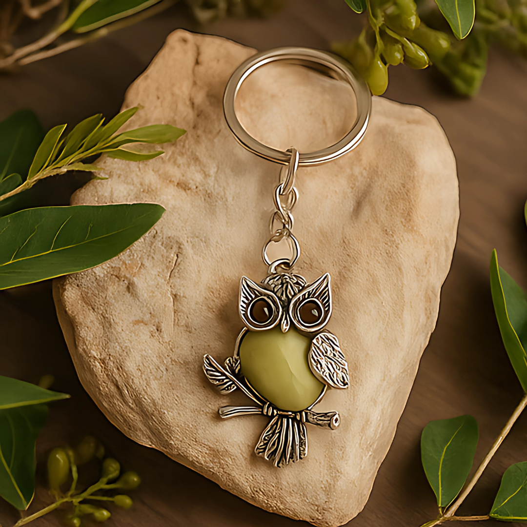 Owl Keychain with Green Onyx For Protection, Wisdom & Healing Energy