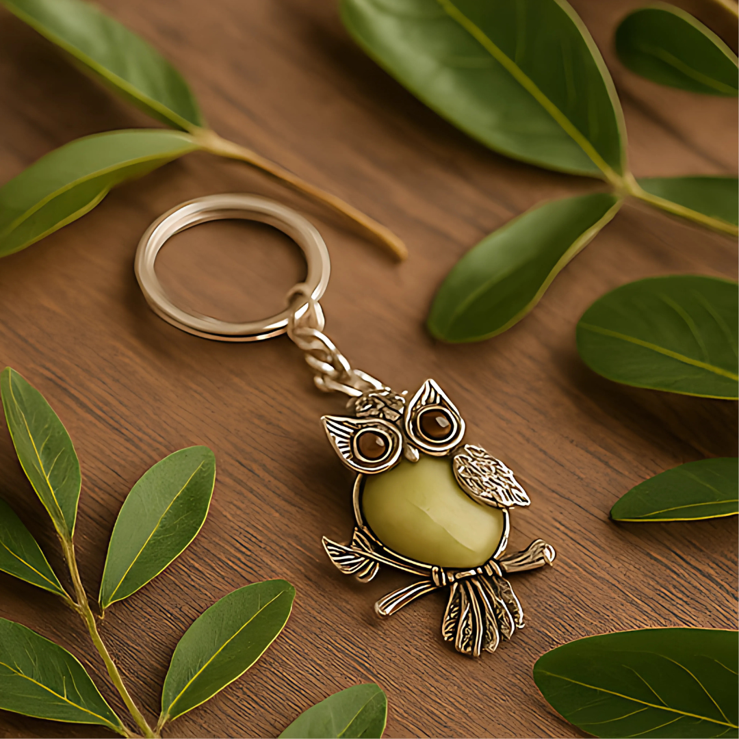 Owl Keychain with Green Onyx For Protection, Wisdom & Healing Energy