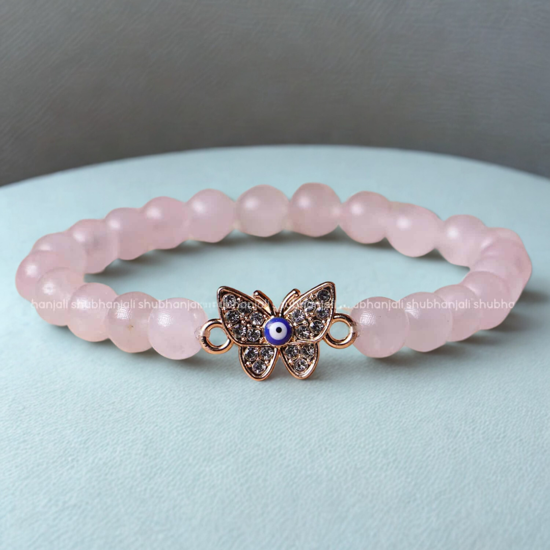 Rose Quartz Evil Eye Bracelet With Butterfly